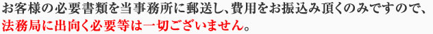 お客様は必要書類を当事務所に郵送し、費用をお振込み頂くのみですので、法務局に出向く必要等は一切ございません。