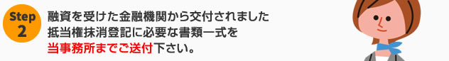 融資を受けた金融機関から交付されました抵当権抹消登記に必要な書類一式を当事務所までご送付下さい。